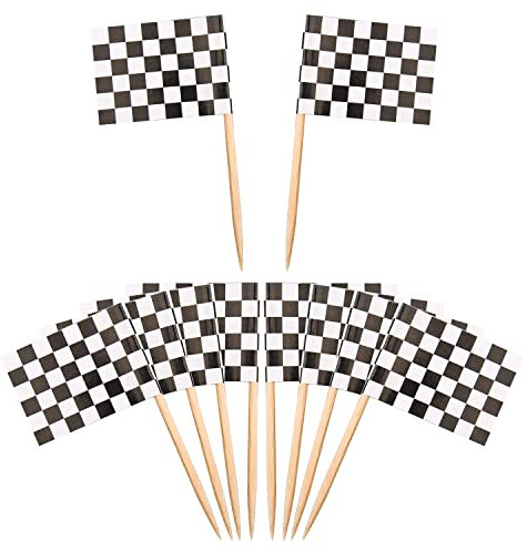 Lezevn Jomnvo 100 Pieces Black and White Chequered Flag Sandwich Flag Picks Checkered Racing Flag Toothpicks for Cake Toppers Decorations (100)
