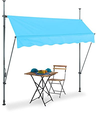 Relaxdays Klemmmarkise, 200 cm breit, höhenverstellbar, Sonnenschutz Balkon, ohne Bohren, UV-beständig, hellblau/grau
