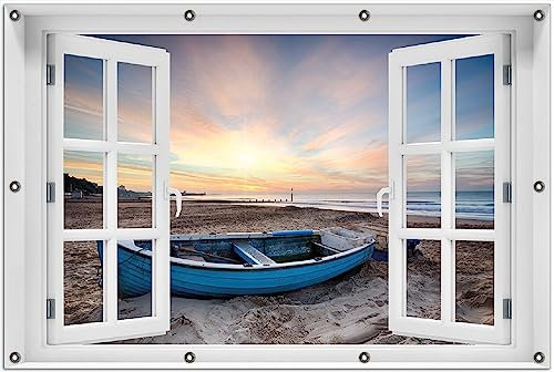Wallario Outdoor-Poster für Garten oder Balkon Fischerboot am Strand bei Sonnenuntergang, Motivbanner Größe: ca. 100 x 150 cm mit Fenster-Illusion