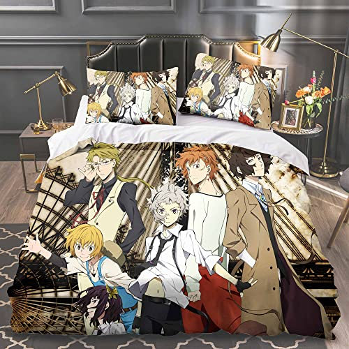 Anime Bungo Stray Dogs 3-teiliges Bettwäsche-Set Anime Einzel-/Doppel-/King-Size-Bettdecken-Set mit Kissenbezug mit 1 Bettdeckenbezug, 11 Kissenbezüge