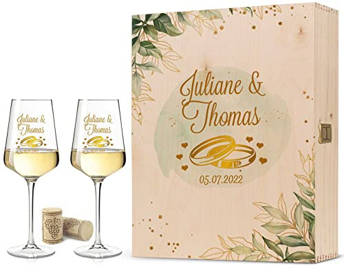GRAVURZEILE Leonardo Weinglas mit UV-Druck - Golden Wedding Ring Design - Personalisiert mit Namen & Datum - Geschenk zur Hochzeit, Verlobung & Jahrestag für Brautpaar - Große Kiste UV