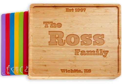 Personalized Easy-to-Clean Bamboo Wood Cutting Board with set of 6 Color-Coded Flexible Cutting Mats with Food Icons - Chopping Board Set