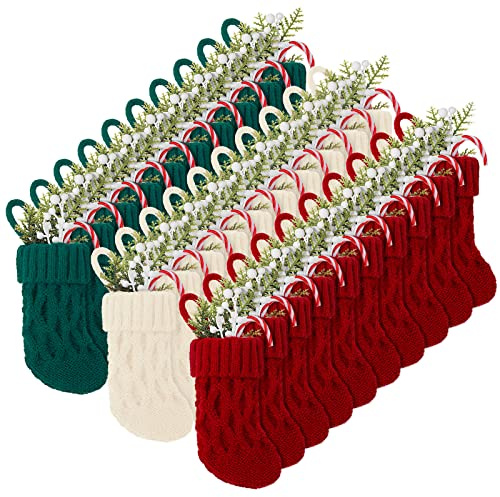 BBTO 30 Stück Mini-Weihnachtsstrümpfe, 12,7 cm Zopfstrick, Weihnachtsstrümpfe, rustikale Weihnachtsbaumschmuck