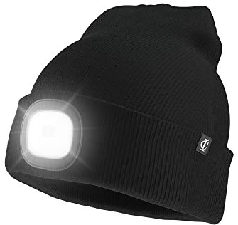 Idyllicomfort Led Lighted Beanie Hat,USB Rechargeable Hands Free Headlamp Cap, Unisex Winter Warmer Knit Hat with Light for Hiking Biking Camping Jogging, Gift for Men, Women, Teens Black