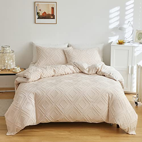 Freyamy Böhmen Bettwäsche 200x220cm 3teilig Beige Getuftet Geometrische Bettwaren-Sets Boho Stickerei Chic Bettwäsche Microfaser Weiche Bettbezug mit Reißverschluss und 2 Kissenbezug 80x80cm