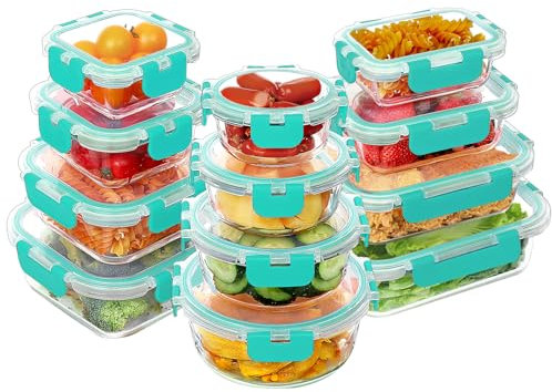 VERONES 24-teiliges Glas-Lebensmittelbehälter-Set, luftdichte Glas-Lunchbehälter, stapelbare Glas-Mahlzeit-Vorbereitungsbehälter mit Deckel, BPA-frei, Gefrierschrank und Spülmaschine, Grün