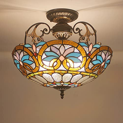 WDBZTJ Pendelleuchte Tiffany Stil Kronleuchter, 16 Zoll Glasmalerei Decke Deckenlampe für Wohnzimmer Schlafzimmer Esszimmer Küche Flur,B