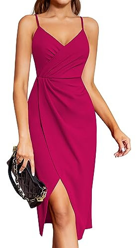 Laughido Robe de Cocktail pour Femme - Robe de soirée - Robe midi - Robe d'été élégante - Moulante - sans Manches - Robe à Bretelles Spaghetti, Rose, S