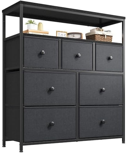 EnHomee Chest of Drawers, Grey Dresser with 7 Fabric Drawers for Bedroom, Tall Boy Chest of Drawers Bedroom with Sturdy Steel Frame and 2 Layer Wooden Top for Wardrobe, Living Room, Closet, Grey