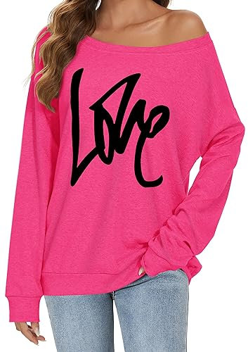 florynova Women's Off The Shoulder Tops Casual Long Sleeve Sweaters Boat Neck Blouse Graphic T-Shirt(Hot Pink, S)