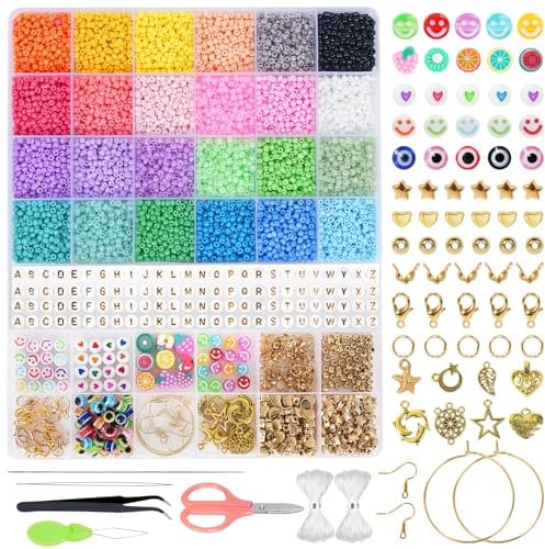 joymico 8000pcs Glass Seed Beads for Jewelry Making, 3mm Small Seed Beads kit for DIY Bracelets Necklaces Rings, Craft Glass Beads Set with Letter,Charms, Evil Eyes, Pendants