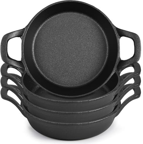 Ziliny Mini Cast Iron Skillets 6.3 x 6.3 x 1.5 Inch Cast Iron Pan Small Ramekin Set Black Casserole Dish Cast Iron Cookware Oven Safe Mini Skillets for Kitchen Indoor Outdoor Picnic (4 Pack)