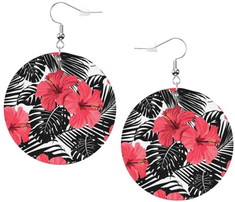 OPSREY Rote Hibiskus gedruckt Mode Leder Ohrringe Drapiert Haken Ohrringe Runde geformte Ohrringe, Einheitsgröße, Kunstleder
