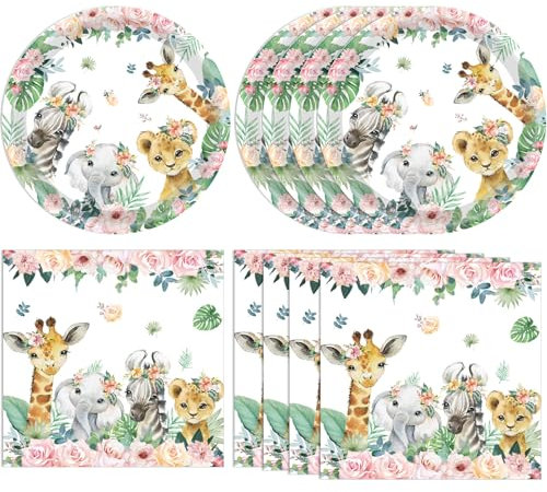 40PCS Wild One Birthday Decorations Girl Jungle Safari Birthday Decorations Included Wild One Plates and Napkin Sets for Kids Animal Safari Baby Shower Decorations