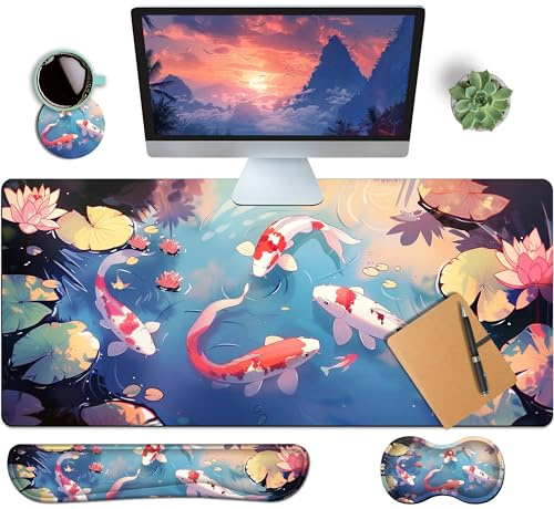 HaoSiTeck Lot de 4 grands tapis de souris pour homme et femme avec motif Koi coloré comprenant un grand tapis de souris XXL de 90 x 39 cm, repose-poignet et sous-verre pour bureau et maison