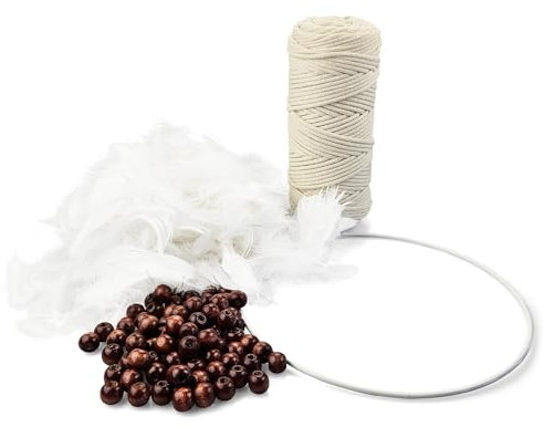 Netuno Makramee Set Anfänger Traumfänger mit Anleitung Baumwollkordel 3 mm Elfenbein 80 Holzperlen 150 Federn Metallring 20 cm Makramee selbst Machen Set Makramee Knüpf-Set