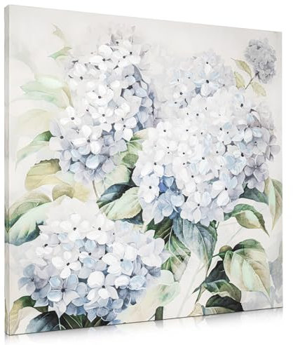 Hollyone Cuadros de lienzo de flores grandes 75 x 75 cm pintura al óleo flor arte de la pared pintura de pared pintura sala de estar moderno dormitorio pintado a mano pintura azul hortensia lienzo