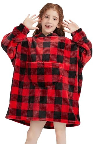 Mnamo Tragbare Decke Hoodie für Teenager Rot-Schwarz Kariert Warme Übergroße Sweatshirt-Decke mit Kapuze Ideal für kühle Tage in Einheitsgröße
