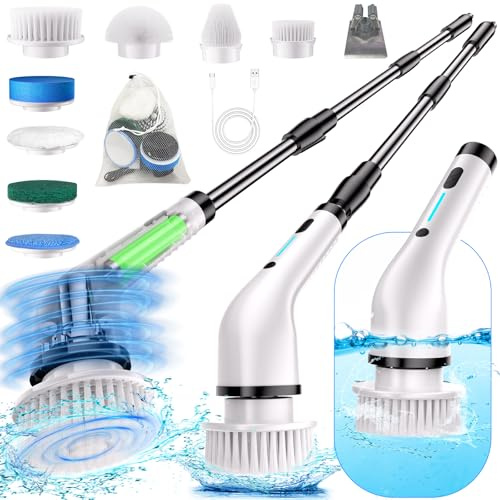 Upgraded Electric Spin Scrubber Power Scrubbers for Cleaning with 8 Brush Heads Electric Spin Scrubber Cordless Tub and Tile Scrubber Adjustable Extension Handle Bathroom Cleaner Tool for Floor, Car