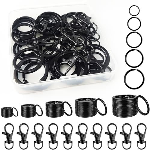 HavaCue Lot de 60 Noir Crochet Porte Clef Et Anneaux Porte Clé,Métal Porte Clé Mousqueton,15mm/20mm/25mm/28mm/30mm Anneau Porte Clé pour Porte clés, Porte Clés DIY