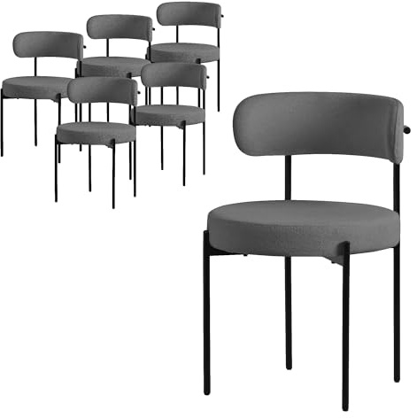 ML-Design Esszimmerstühle 6er Set Grau, Küchenstuhl aus Teddystoff, Wohnzimmerstuhl mit runde Rückenlehne, Polsterstühle mit schwarzem Stahlgestell, Loungesessel ergonomisch, Stühle für Wohnzimmer
