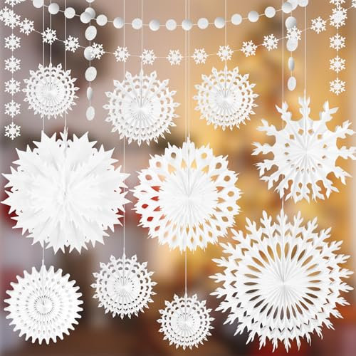 PLULON 12 Pcs Christmas White Paper Snowflake Decorations, Winter Wonderland Party Decorations Snowflake Hanging Fan Banner Decorations for Birthday Xmas Holiday Supplies