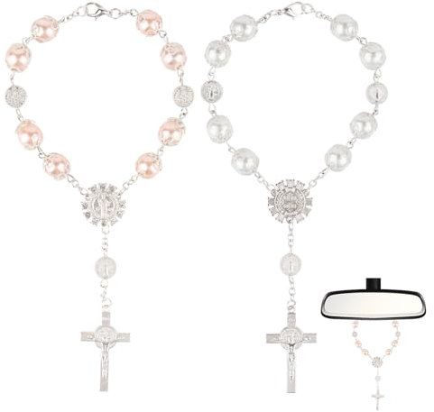 2 Stück Auto Rosenkranz für Rückspiegel,Auto Rosenkranz kreuzen zum Aufhängen, Deko Gebetskette für Auto Innenspiegel,Rosenkranz Auto Hängezubehör Innendekoration,Geschenk für Damen und Herren