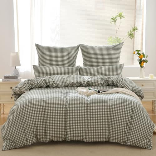 SOULFUL Housse de Couette 200x200 Coton Carreaux avec 2 Taies d'oreiller 65x65 cm, 100% Coton Lavé, Certifié Oeko-TEX, Vert Parure de Lit Vichy 2 Personnes 200x200 Coton avec Fermeture Éclair