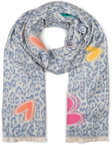 styleBREAKER Damen Schal mit Leopardenmuster und Herz-Stickerei - Weicher, warmer und luxuriöser Schal mit Fransen 01017164, Farbe:Blau