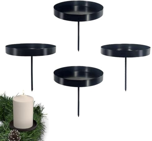 Lot de 4 bougeoirs pour couronne de l'Avent, 8 cm Bougeoir pour Bougies de l'Avent, Supports de Bougie avec Pic, Bougeoir en Métal pour Décorer des Couronnes, Bougeoir en métal noir avec mandrin