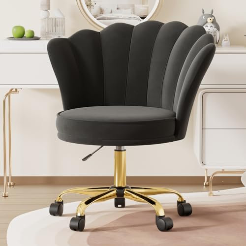 Aivermeil Schminkstuhl•Samt Stuhl•Homeoffice, 360° Swivel Height-Adjustable Bürostuhl mit Blütenblatt-Rückenlehne Drehstuhl mit Gold Metallbeinen Bis 120 KG Schwarz