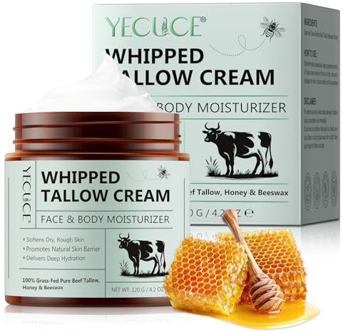 Beef Tallow Creme 120 g, Rindertalg für Hautpflege, Rindertalg und Honigbalsam, Talg-Gesichtscreme, Bio-Grasgefütterter aufgeschlagener Talgbalsam, Bodycremes, Tiefenhydration für Gesicht & Körper