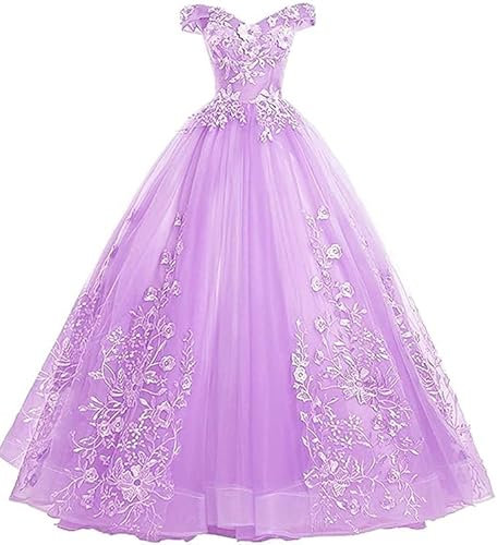 Tingyanyan Schulterfrei Abendkleider Tüll Prinzessin Lange Party Ballkleider Quinceanera Kleider Flieder Größe 38
