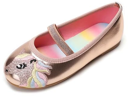 Ballerine da Bambina con Unicorno, Scarpe Basse Casual, Colori Metallizzati, Suola Arcobaleno Antiscivolo (Champagne, Sistema Taglie Calzature EU, Bimbo (0-5 Anni), Numero, Media, 30)