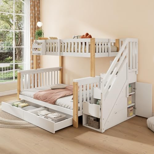 Letto a castello 90 x 200 + 140 x 200 cm per 2-3 bambini, lettino con cestino portaoggetti e cassetti, letto a soppalco con scale e 2 cassetti, letto in legno con rete a doghe, protezione dalle cadute