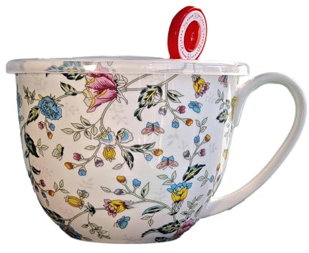 CDFZJC Lightweight Large Soup Mug with Lid Microwave Safe Bone China Soup Bowls with Handles, 21 fl oz Big Coffee Cup For Tea, Cereal, Soups, Large Handle for Comfort, Floral Design Gift for Women
