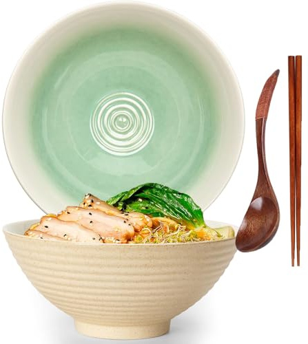 TuYines Ciotola in ceramica per ramen, set di ciotole per ramen, ciotola giapponese per ramen con cucchiaio e bacchette, ciotole da zuppa da 1200 ml, insalatiera (stile F)