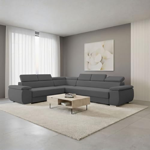 FORNIRO 24 Dantino Ecksofa 318x255x79 Grau Wohnzimmer Couch Schlafsofa | Mit Schlaffunktion & Bettkasten - L-Form - Kissen - Stoff Komfort | ausziehbar Gäste bequem Stauraum Design hochwertig robust