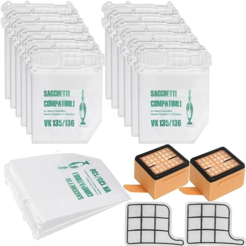 12 bolsas de aspiradora y 2 filtros de protección del motor + 2 filtros higiénicos para Vorwerk Kobold VK 135 VK136 (12+2+2)