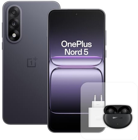 OnePlus Nord 5 Smartphone con 12 GB RAM 512 GB, Pantalla AMOLED de 6,83 y 144 Hz, Snapdragon 8s de 3 generación, cámara Dual de 50 MP, batería de 5200 mAh, Cargador de 80 W y Nord Buds 5 Pro, Gris