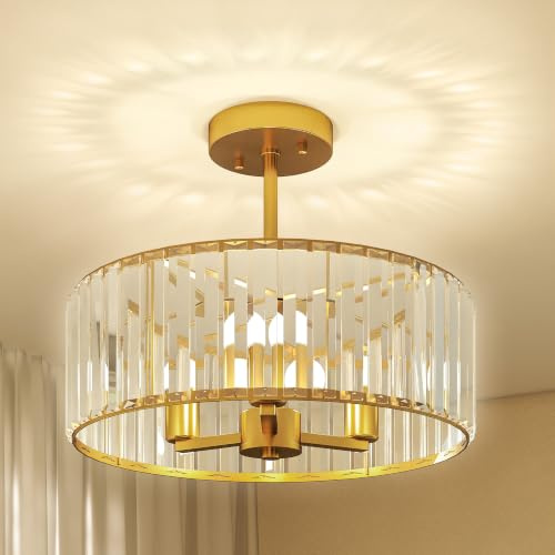 HOMCOM Crystal Ceiling Light Fixture Semi Flush Mount Modern 39 cm Gold | Crystal Chandelier Ceiling Light, for Living Room Bedroom Hallway Dining Room, E14 Base 3-Lights, Bulbs Not Included
