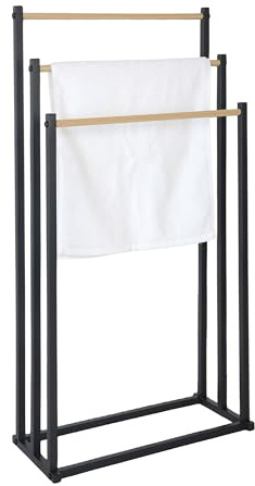 Relaxdays Freestanding Towel Rack with 3 Wood-Look Rails, Metal, 86×44×21 cm Bathroom Airer | Bathroom Floor Stand with 3 Rods for Towels and Wipes