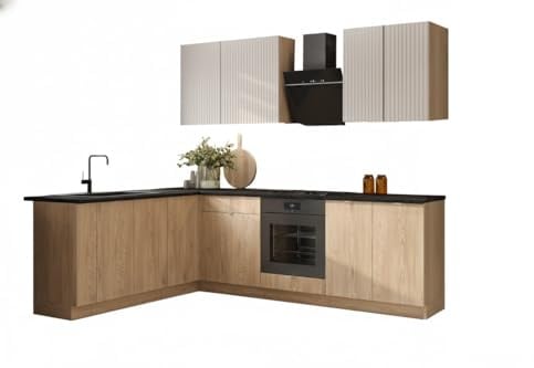 Generisch Eckküche Sofia L-Form 200x260 cm – Eiche Cremona/Beige geriffelt – Küchenzeile