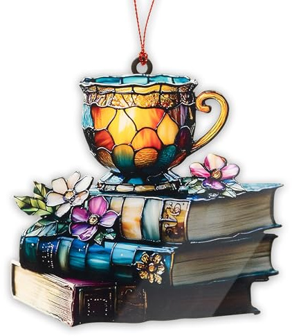 Tè e Libri Ornamento in Acrilico Colorato, Decorazione Natalizia in da Appendere, Tazza e Libri con Fiori per Albero o Finestra, Regalo Elegante per Amanti della Lettura, Insegnanti e Bibliotecarie