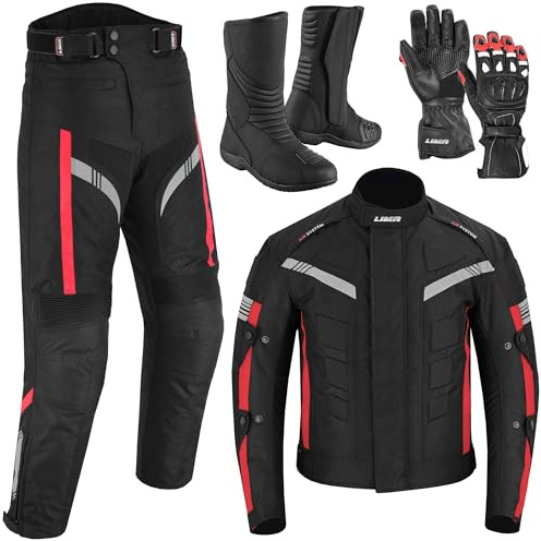 Mens Motorbike 2 Piece Suit Cordura Motorbike Jacket and Trousers with leather Gloves CE armoured Waterproof protective Gear With Motorbike boots (Red, M)