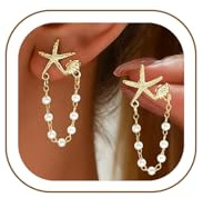 MIYUEFAN Boho Muschel Ohrringe Seestern Perlenohrringe für Damen | 14K Vergoldet Perlen Ohrringe Starfish Meer Ohrstecker Hypoallergene Elegante Leichte Schmuck Geschenke für Sommer Strand
