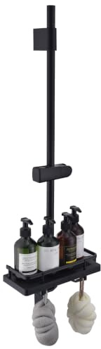 HOMELODY Barre de douche noire 90 cm avec étagère de douche, barre de douche réglable en hauteur avec support de pommeau de douche, support mural réglable pour trous de perçage existants, support de