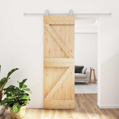 Ordellia Porta scorrevole in pino massiccio bianco naturale, 70 x 210 cm, porta interna e porta della camera con guarnizioni in acciaio verniciato a polvere, porta in legno salvaspazio per
