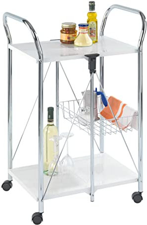 WENKO Servierwagen Sunny Weiß - Küchenwagen, zusammenklappbar, Ablagekorb, pulverbeschichtetes Metall, 56.5 x 90.5 x 44 cm, Weiß