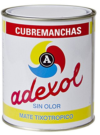 Rayt 031-81 Adexol: Pintura cubremanchas. Color blanco mate. Secado rápido. Sin olor. Cubre manchas de grasa, agua, hollín, óxido, nicotina, etc. 750 ml